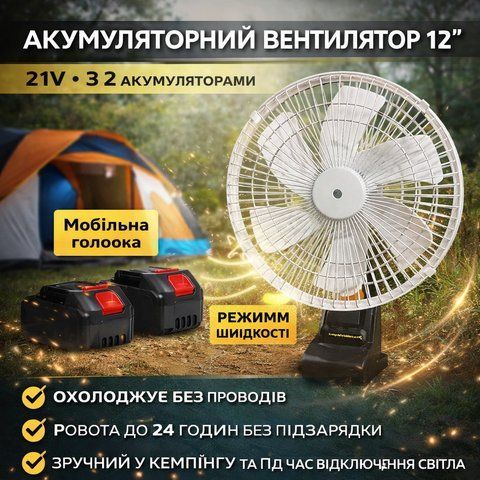 Вентилятор портативний VAP-12 з функцією автообертання / Акумуляторний вентилятор 12", 21V 2 АКБ VAP12 фото