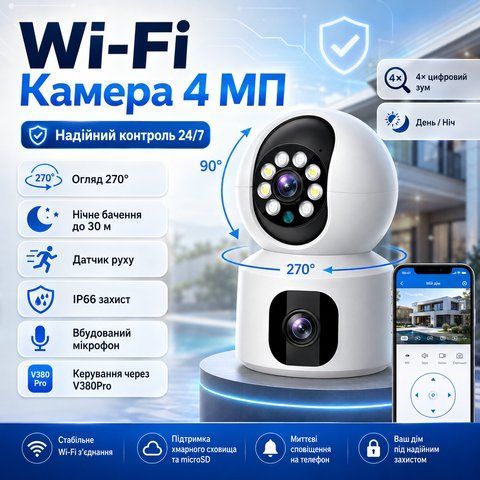 Домашня камера відеоспостереження WIFI 2DUAL LENS PTZ CAMERA APP: V380PRO 4MP PRO380 фото