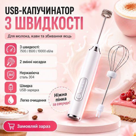 Міксер капучинатор Електричний, портативний, бездротовий 3 швидкості EGG BEATER 1-50 Білий ND150 фото