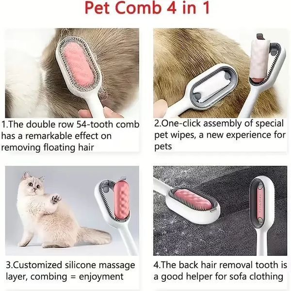 Щетка для вычесывания шерсти домашних животных 4 в 1 Pet Cleaning Comb с массажем и чисткой вещей Pink W28 NNW28 фото