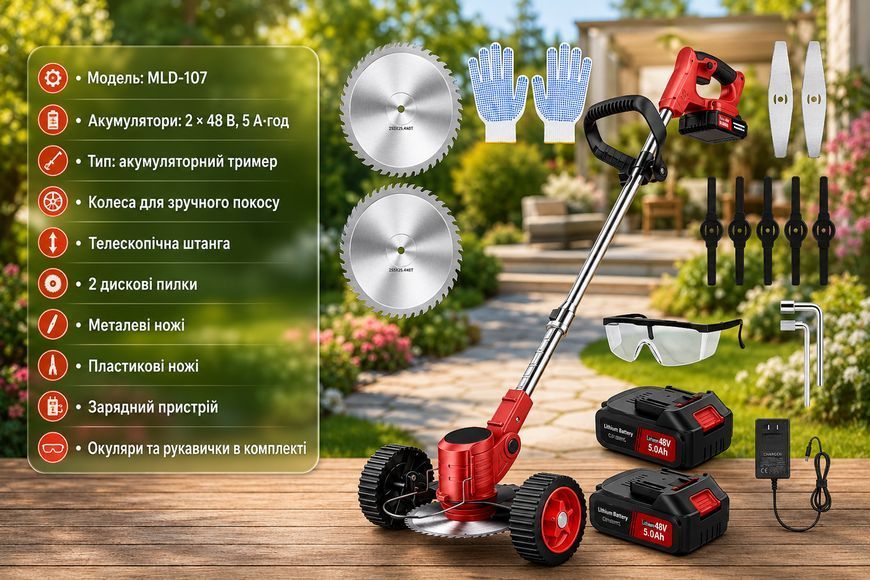 Газонокосилка/тример для покоса травы MLD-107 / Аккумуляторныйтриммер 48 В, 5000 мАг / Тример для травы 2 АКБ + колеса MLD-107 фото