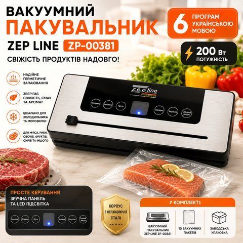 Вакуумний пакувальник Zepline ZP-00381 200 Вт з 6 програмами та LED-підсвічуванням ZP00381 фото