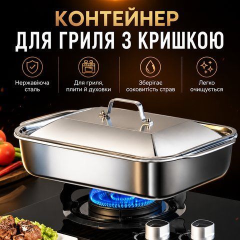 Металевий контейнер-лоток для гриля з кришкою з нержавіючої сталі для м'яса, риби, овочів, барбекю, плити та духовки AN5926 фото