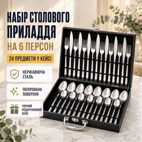 Набір столових приладів з нержавіючої сталі, 24 предмети, в кейсі, Чорний / Набір для сервірування / Столові прилади у валізі 26X218 фото