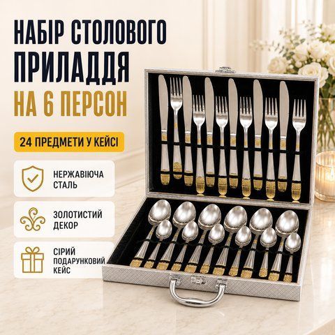 Набір столових приладів 24 предмети в кейсі срібло із золотим декором 26X-219 26X219 фото
