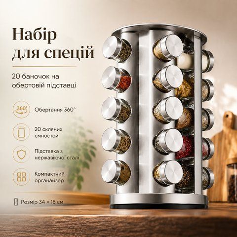 Набір для спецій та приправ 20 баночок (34х18см), Сріблястий / Поворотний органайзер для спецій / Баночки для приправ A570 фото