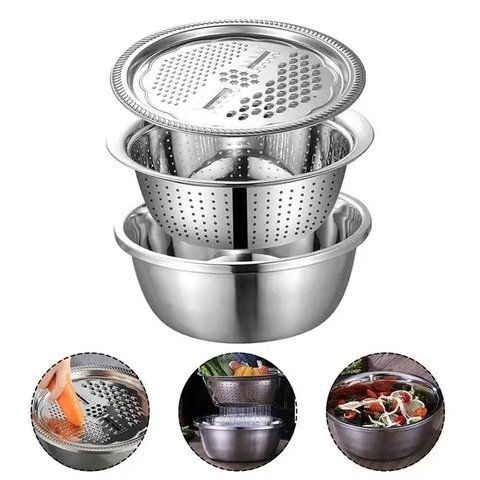 Багатофункціональний кухонний набір з нержавіючої сталі 3 в 1 Metal Basket Cutter Миска друшляк MBC31 фото