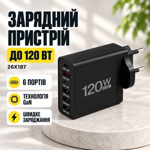 Зарядний пристрій 26X187 120 Вт чорний &bull; Багатопортовий блок живлення 26X187 на 6 портів GaN Fast Charge для смартфонів 26X187 фото