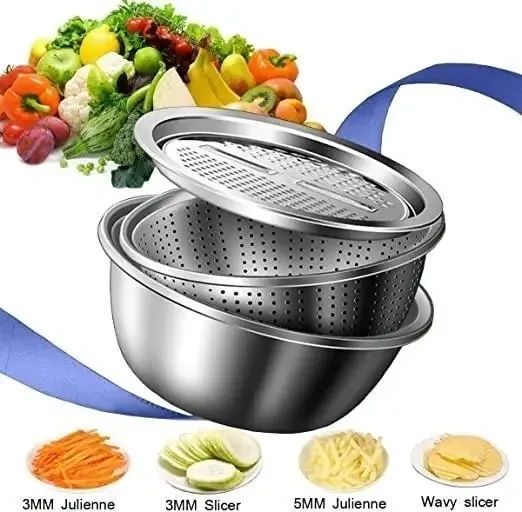 Многофункциональный кухонный набор из нержавеющей стали 3 в 1 Metal Basket Cutter Миска дуршлаг и терка MBC31 фото