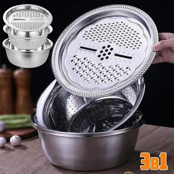 Многофункциональный кухонный набор из нержавеющей стали 3 в 1 Metal Basket Cutter Миска дуршлаг и терка MBC31 фото