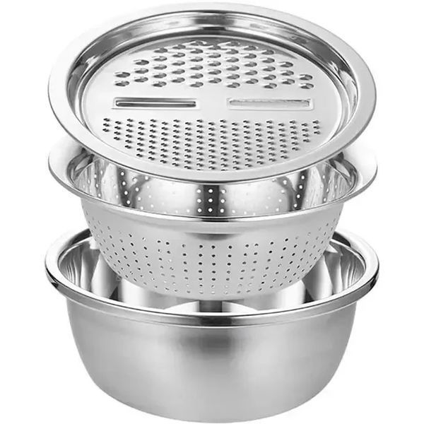 Многофункциональный кухонный набор из нержавеющей стали 3 в 1 Metal Basket Cutter Миска дуршлаг и терка MBC31 фото
