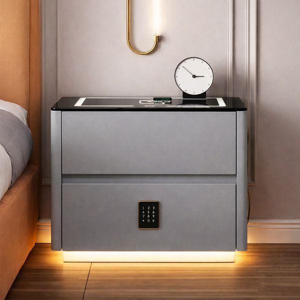 Умная прикроватная тумба QYJXF02 со встроенным кодовым сейфом, Bluetooth-колонкой и USB, сенсорная подсветка, экокожа, серая QYJXF02 фото