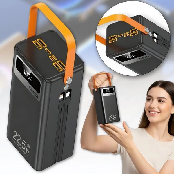 Зовнішній акумулятор Power Bank TUGII-Y104 40000mAh 22.5W з потужною LED-лампою та вбудованими кабелями Чорний TUGIIY104 фото