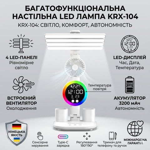 Настільна LED лампа з 4 панелями, вентилятором та дисплеєм KRX-104 KRX104 фото