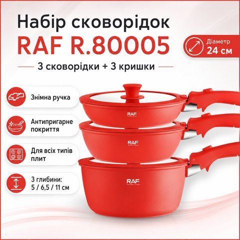 Набір алюмінієвих сковорід 3+3 шт зі знімною ручкою та кришками RAF R.80005 Червоний RAFR80005 фото