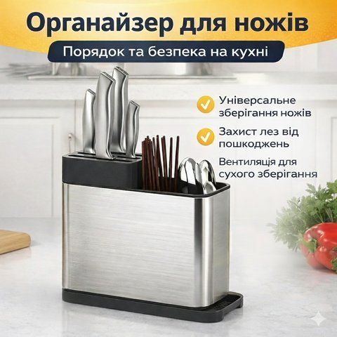Підставка-органайзер для ножів, сіра, настільна, з вентиляцією та знімним дном ND1588 фото