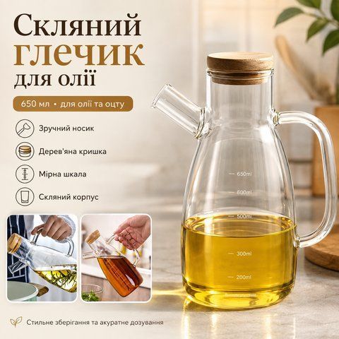 Скляний глечик для олії та оцту 650 мл з носиком, ручкою та дерев'яною кришкою, пляшка-дозатор для рідких продуктів A5908 фото