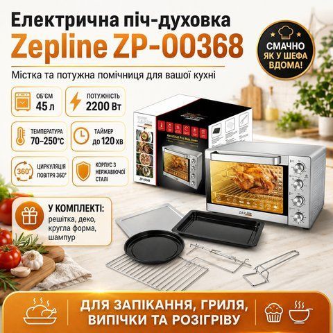 Електрична піч-духовка Zepline ZP-00368 (45 л, 2200 Вт), нержавіюча сталь. ZP00368 фото