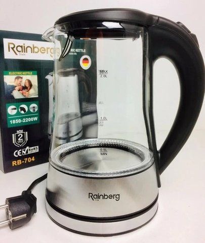 Скляний електричний чайник на 2 літри Rainberg RB704 з LED підсвічуванням 2200W Black RB704 фото