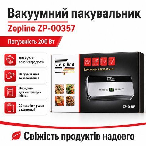 Вакууматор Zepline ZP-00357 для герметичного пакування продуктів з комплектом пакетів ZP00357 фото