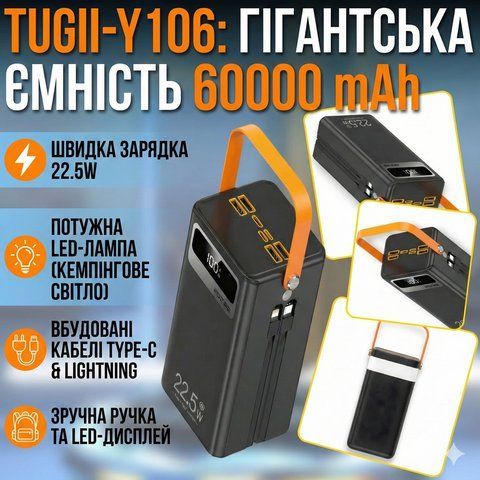 Повербанк-Гігант 60000mAh "Повна Автономність" TUGII-Y106 + Потужний LED-прожектор (22.5 Вт) TUGIIY106 фото
