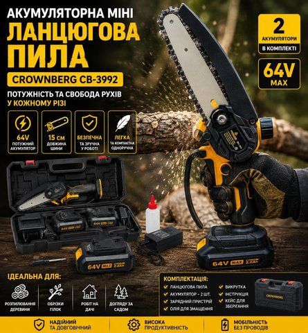 Ланцюгова пила акумуляторна міні Crownberg CB-3992 2 акумулятори шина 15 см з кейсом 64 В СВ-3992 фото