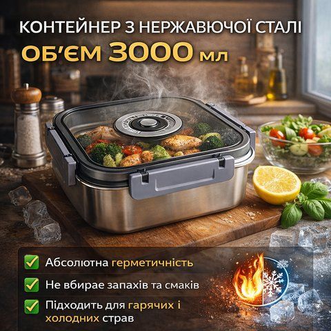 Контейнер харчовий з нержавіючої сталі з кришкою герметичною 3000 мл 20687-15 A, сірий N2068715 фото