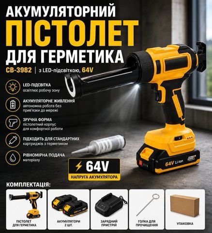 Акумуляторний пістолет для герметика CB-3982, з LED-підсвічуванням, 64V СB-3982 фото