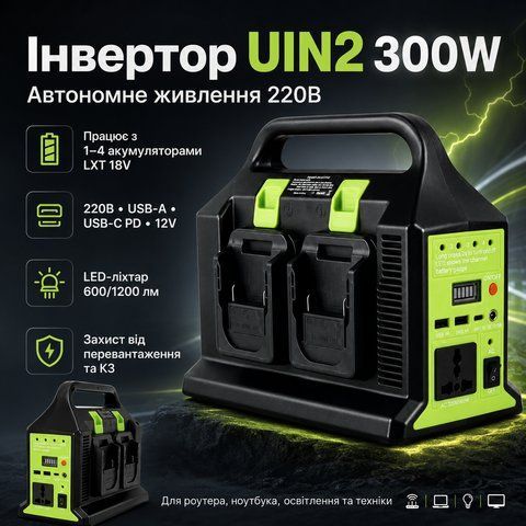 Перетворювач напруги (UIN2) 300W з 12V на 220V / Інвертор живлення з виходом 220В для акумуляторів LXT USB, Type-C, 12В, LED UIN2 фото