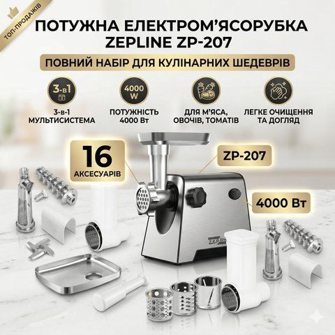 Електром'ясорубка 3в1 4000 Вт Zepline ZP-00207 М'ясорубка з соковижималкою+шатківниця+насадка для ковбаси ZP00207 фото