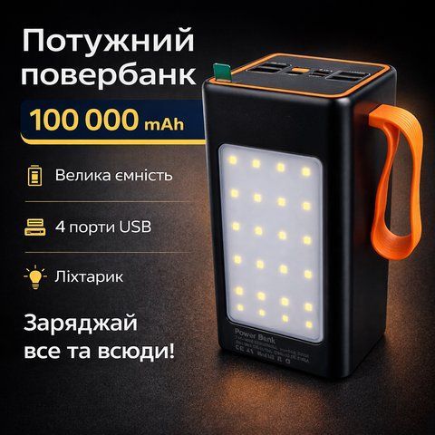 Повербанк MAXI 100,000 mAh з дисплеєм, 4&times;USB, Type-C, MicroUSB + ліхтарик NJS658 фото