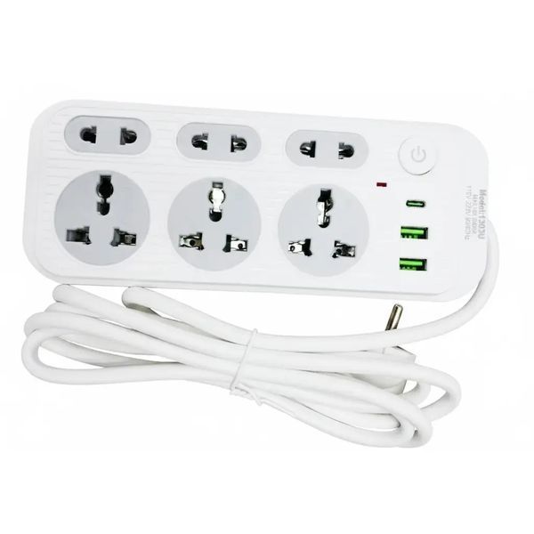 Мережевий фільтр подовжувач 2м, 2500Вт, 6&times;220В, 2хUSB, 1хType-C, WL-1, Білий/Мережевий подовжувач з вимикачем WL1 фото