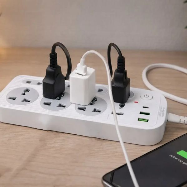 Мережевий фільтр подовжувач 2м, 2500Вт, 6&times;220В, 2хUSB, 1хType-C, WL-1, Білий/Мережевий подовжувач з вимикачем WL1 фото