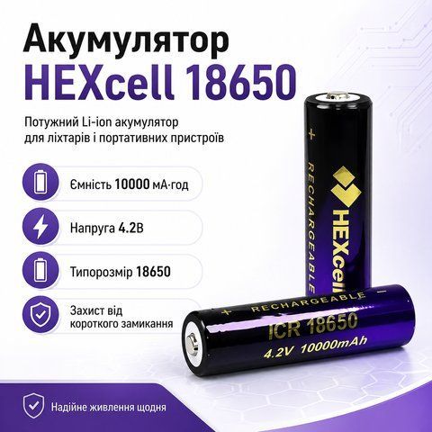 Акумулятор 18650 HEXcell 10000 мАг 4.2В Li-ion із захистом від короткого замикання для ліхтарів та портативної техніки BAT9655 фото